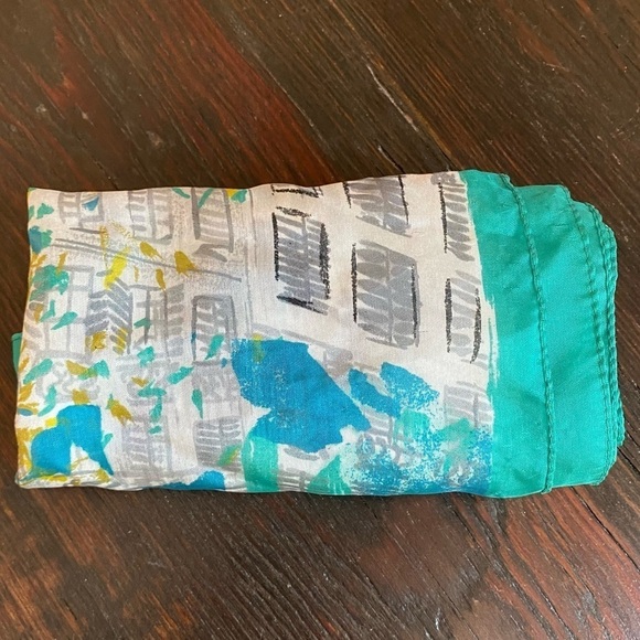 Vintage 26” x 26” Green Vintage Abstract Art City People Scenic View scarf - Picture 6 of 11